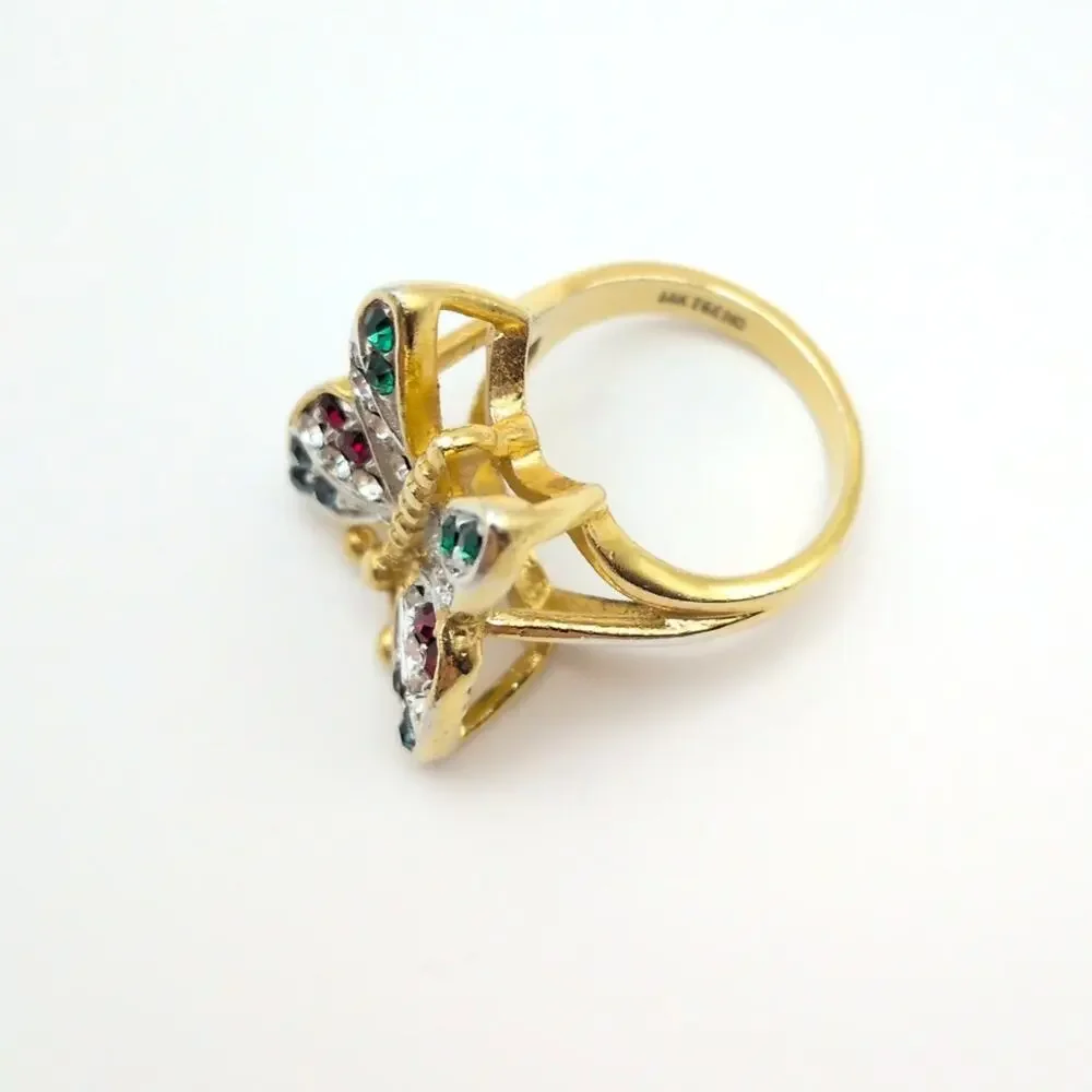 Vintage 3D Butterfly Ring 18 Karat Gold Electroplated w/ Rhinestones Size 6.25